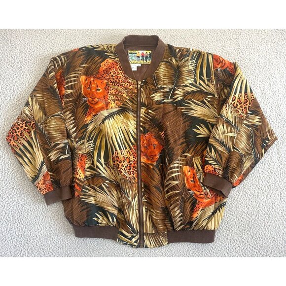 Vintage Big Cat Silk Jacket Animal Print Jaguar Bomber Jungle 80s 90s - Picture 1 of 16